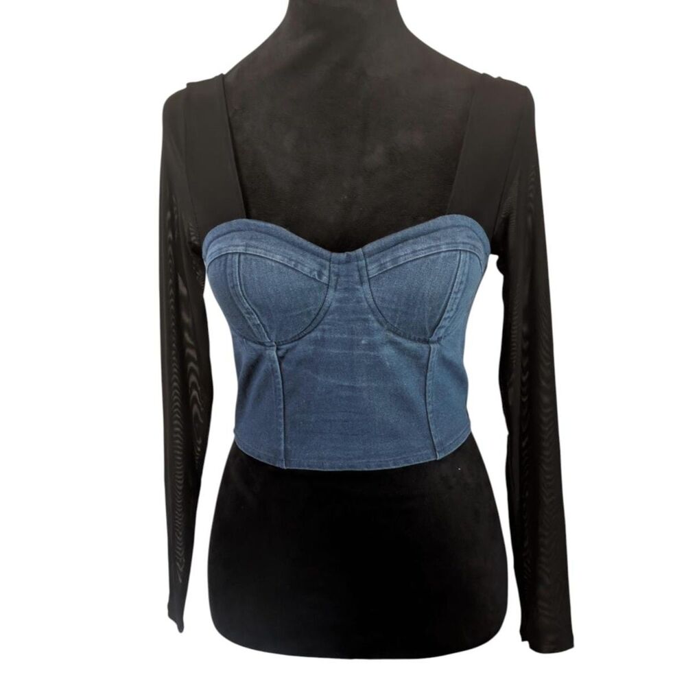 Spoon Jeans Dark Coquette Denim Bustier Sheer Y2K Sleeve Crop Top, Size Small